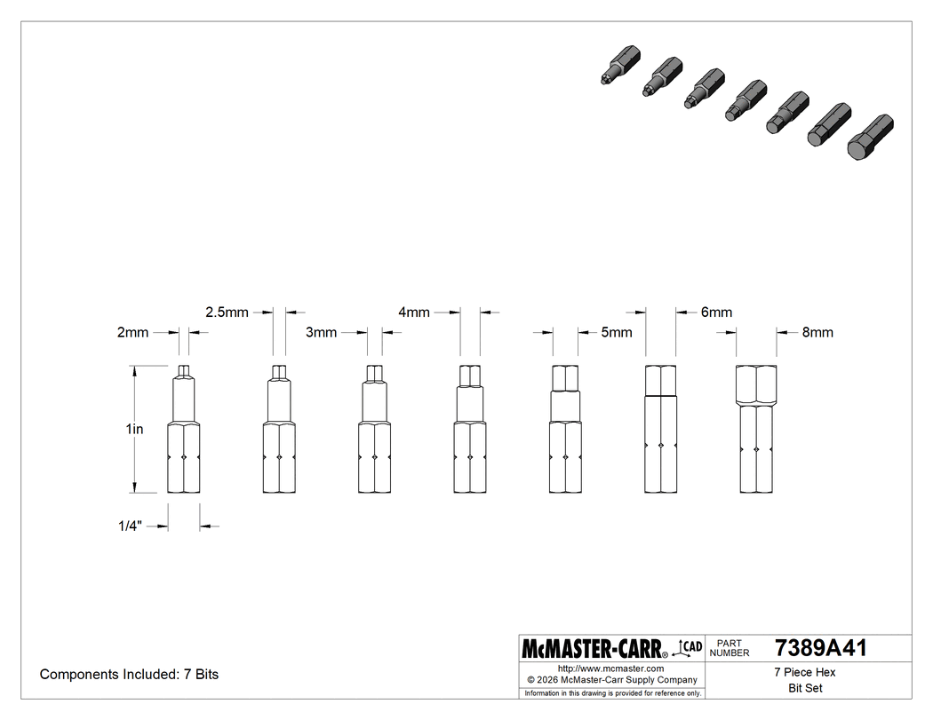 Technical Drawing of 7 Piece Hex Bit Set, Metric Sizes.